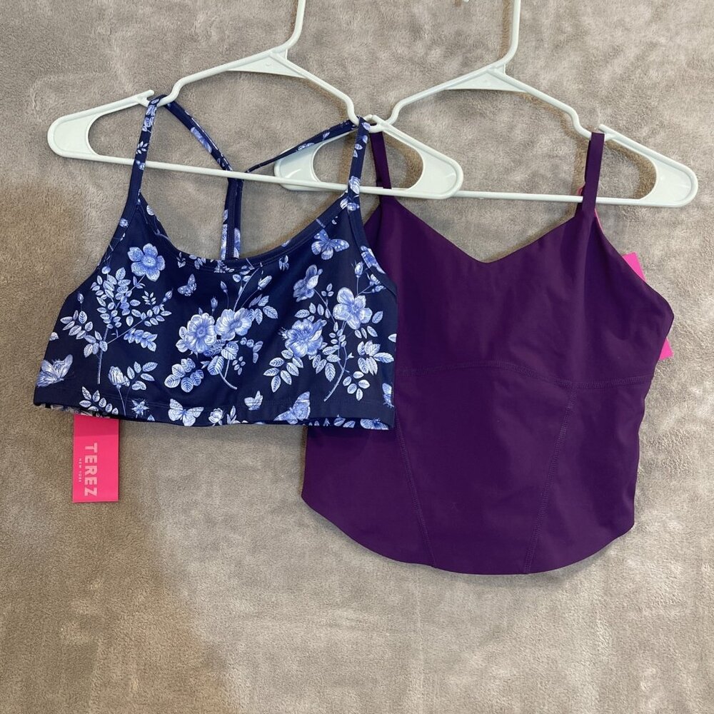 Lot Of 2 NWT TEREZ Women's Sz M , Purple W/ Inter Bra , Blue Floral Sports Bra
